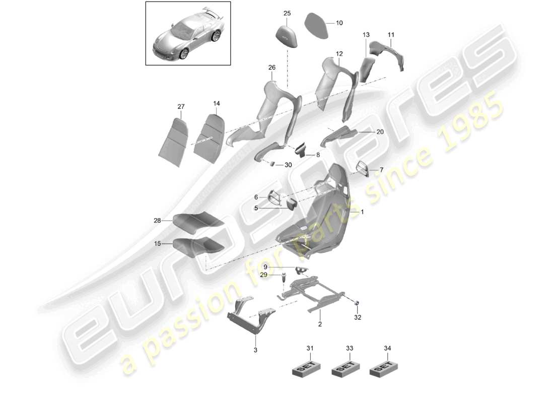 porsche 2021 (991-2 r/gt3/rs) asiento de cubo marco del asiento fundas del asiento fundas del respaldo pieza de espuma diagrama de piezas