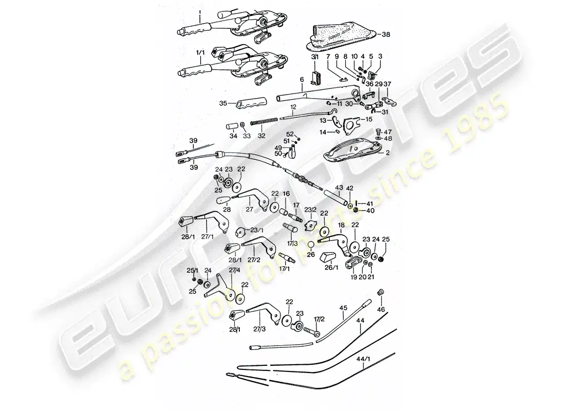 porsche 1977 (911 turbo) palanca de funcionamiento - freno de mano - acelerador manual diagrama de piezas