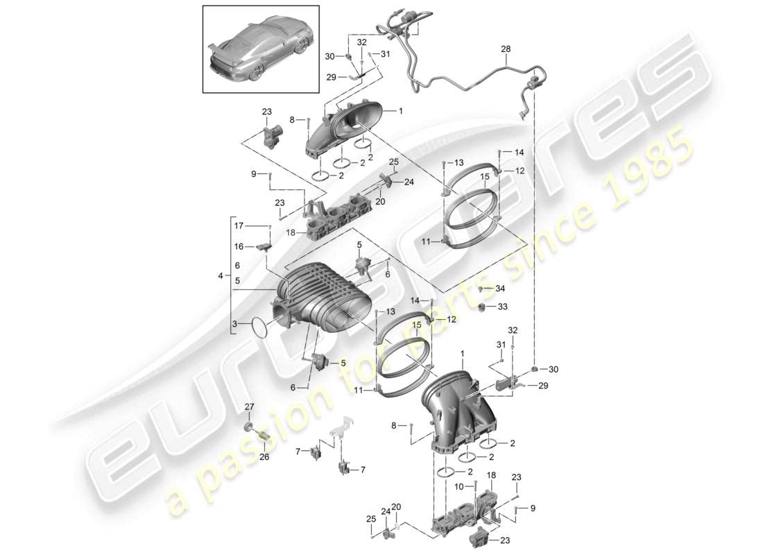 porsche 2021 (991-2 r/gt3/rs) diagrama de piezas del sistema de admisión gt3 rs