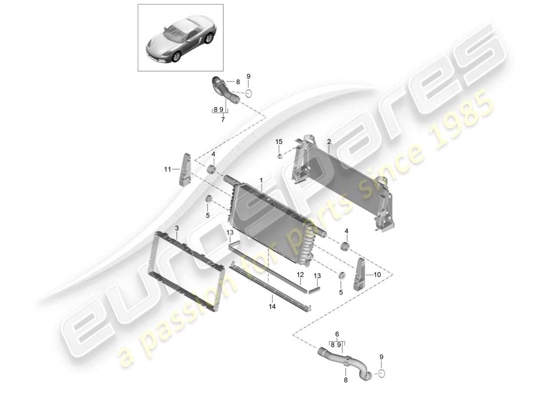 porsche 2024 (718 boxster) diagrama de piezas del enfriador del centro del refrigerante
