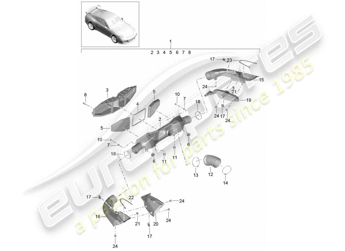 porsche 2021 (991-2 r/gt3/rs) diagrama de piezas del filtro de aire gt3 rs