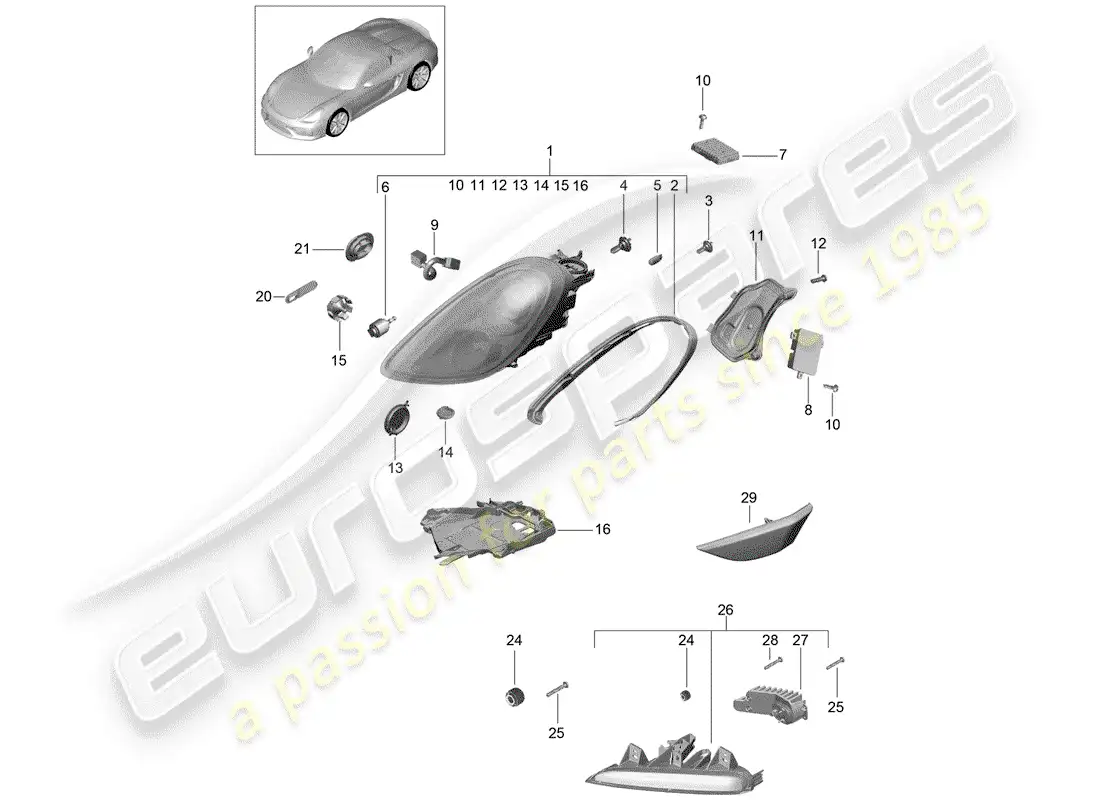porsche 2016 (981 boxster spyder) lámpara de cabeza diagrama de piezas