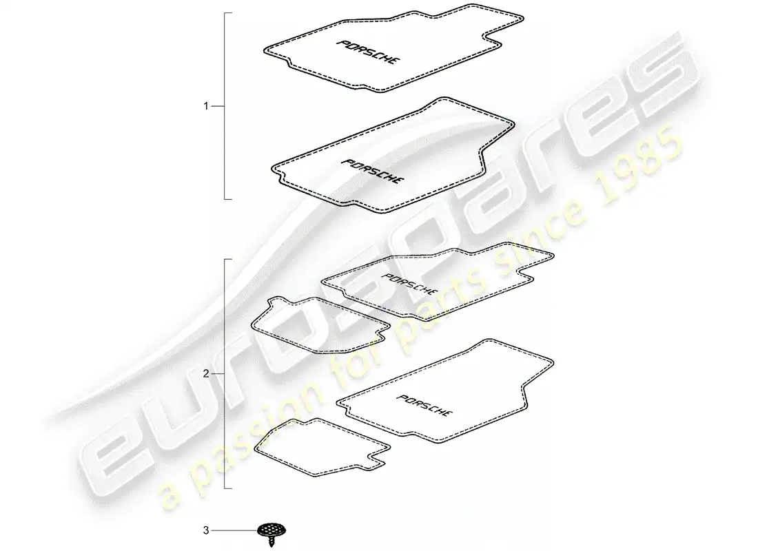 porsche 2001 (tequipment) alfombras de piso diagrama de piezas