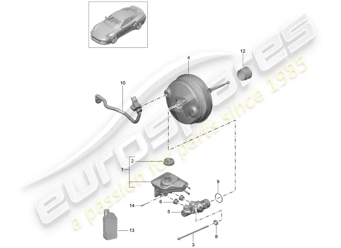 porsche 2014 (991-1 turbo) cilindro maestro del freno diagrama de piezas