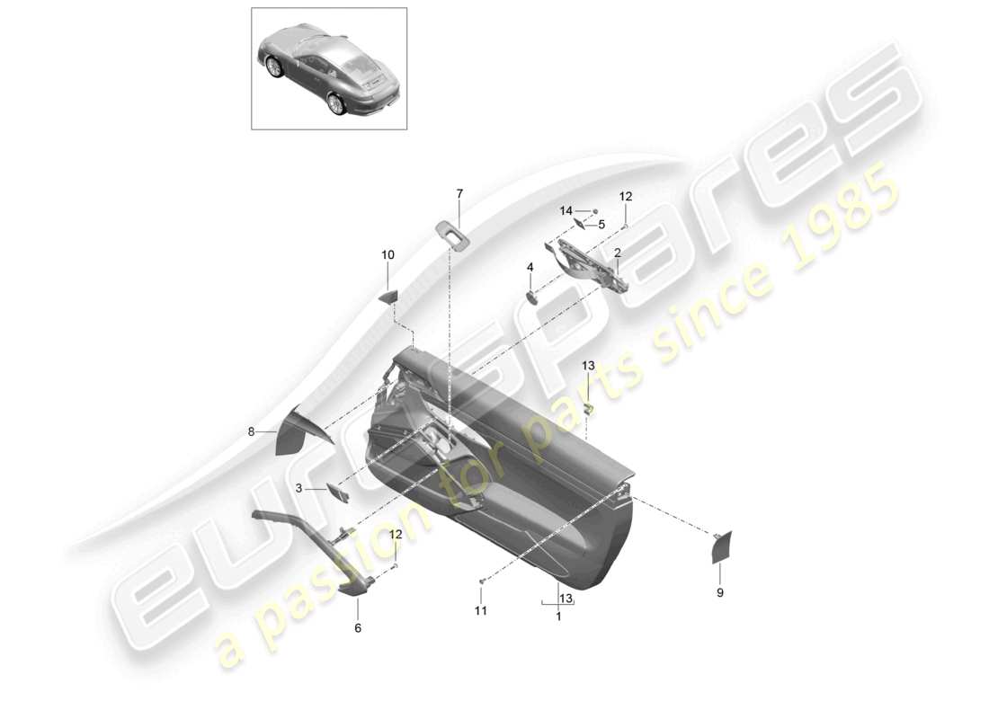 porsche 2021 (991-2 r/gt3/rs) panel de puerta accesorios paquete de cuero 911 diagrama de piezas r