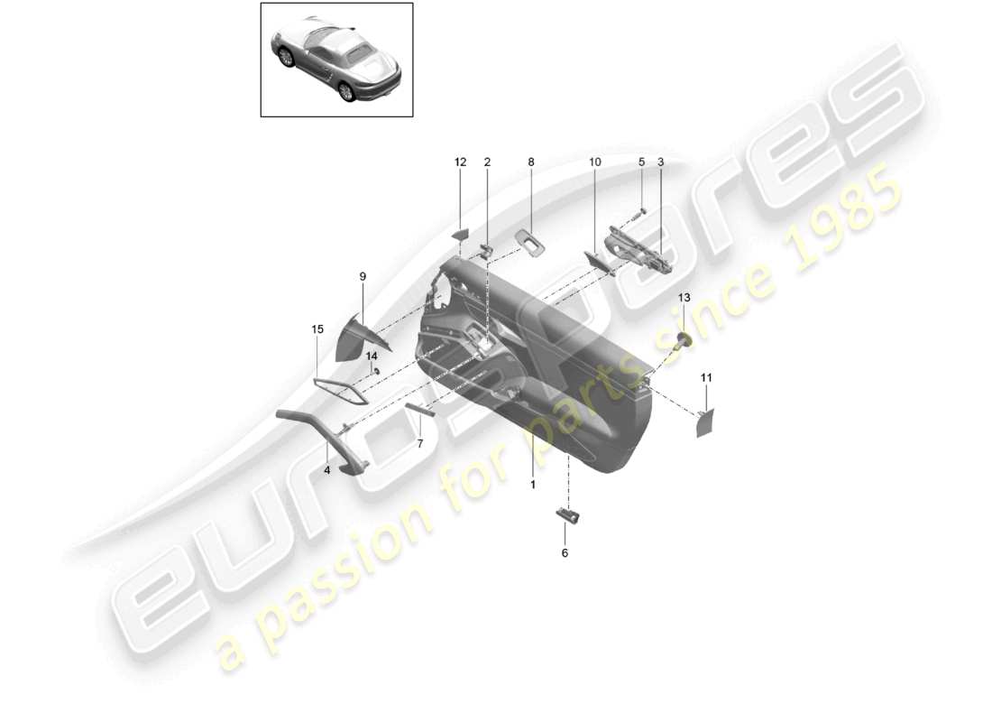 porsche 2024 (718 boxster) molduras de puerta gts (cuero/alcántara) accesorios molduras plata galvanizada diagrama de piezas