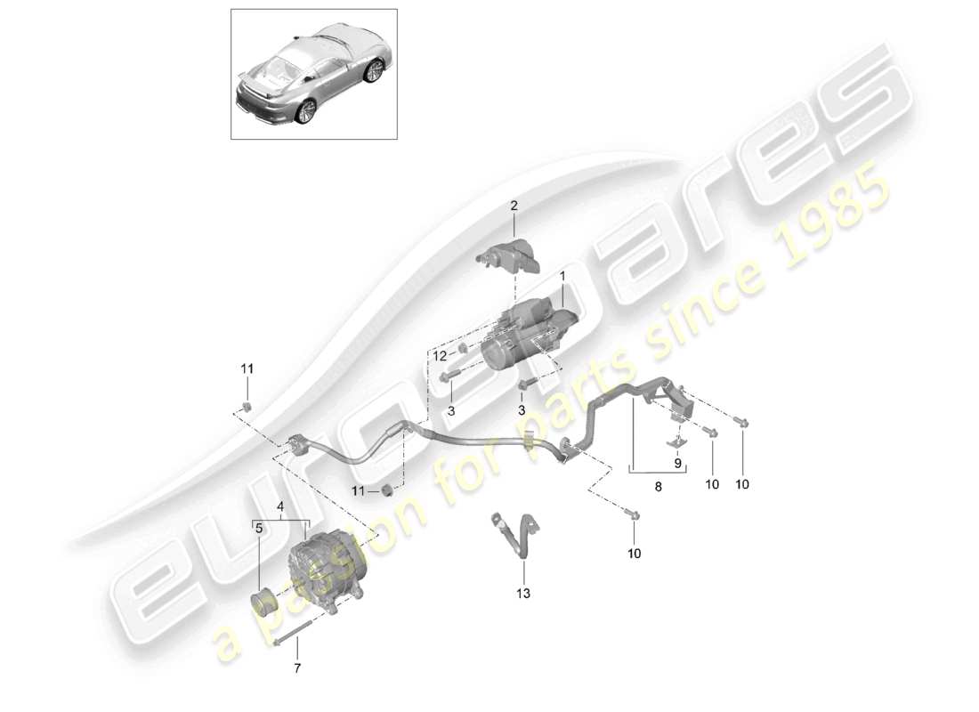 porsche 2021 (991-2 r/gt3/rs) diagrama de piezas de la línea de tierra del alternador de arranque