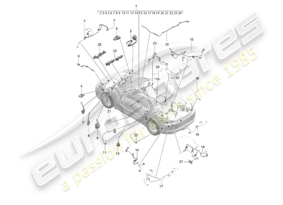 porsche 2024 (718 boxster) mazos de cables cableado del habitáculo y sección parcial diagrama de piezas