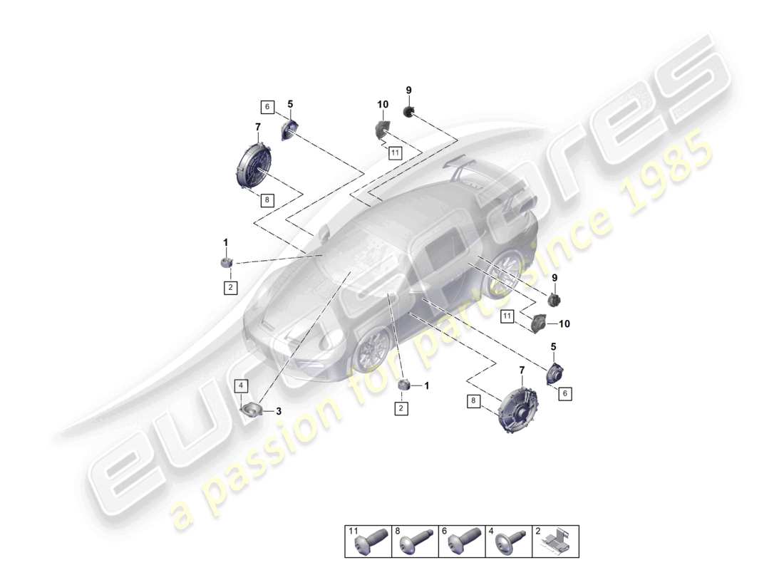 porsche 2025 (992-2 gt3) diagrama de piezas del sistema de sonido bose básico con altavoces