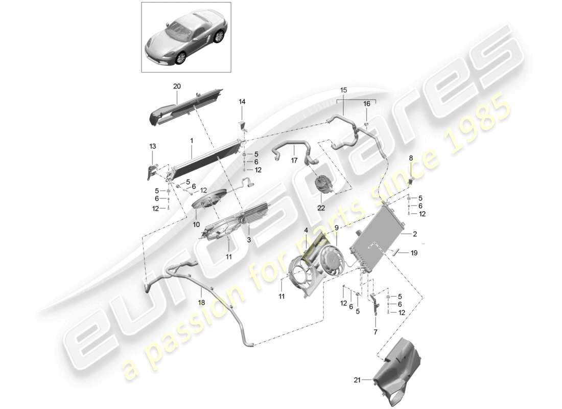 porsche 2023 (718 boxster) sistema de enfriamiento del refrigerante ventilador del radiador diagrama de piezas del extremo trasero