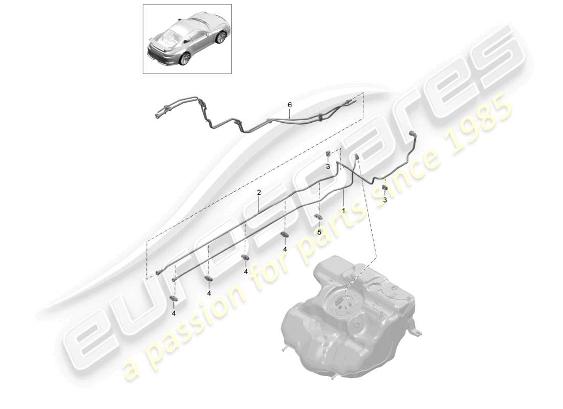 porsche 2021 (991-2 r/gt3/rs) línea de combustible delantera diagrama de piezas del sistema de suministro de combustible