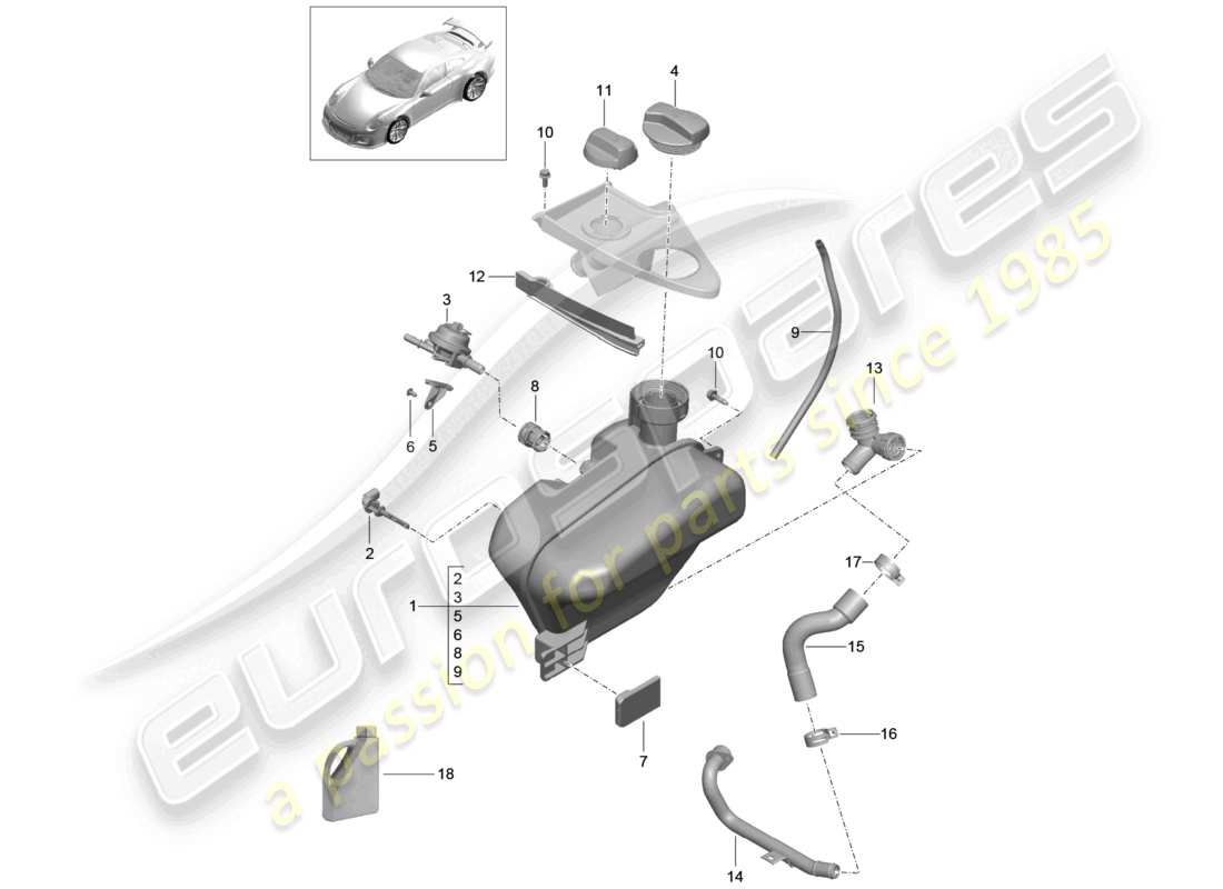 porsche 2021 (991-2 r/gt3/rs) diagrama de piezas del depósito del sistema de enfriamiento del refrigerante