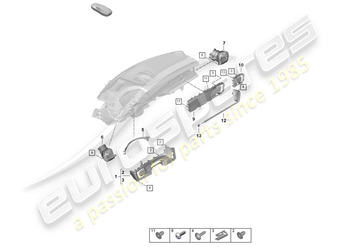 porsche 2024 (panamera 976) diagrama de piezas de las molduras delanteras de las piezas de fijación del panel del tablero