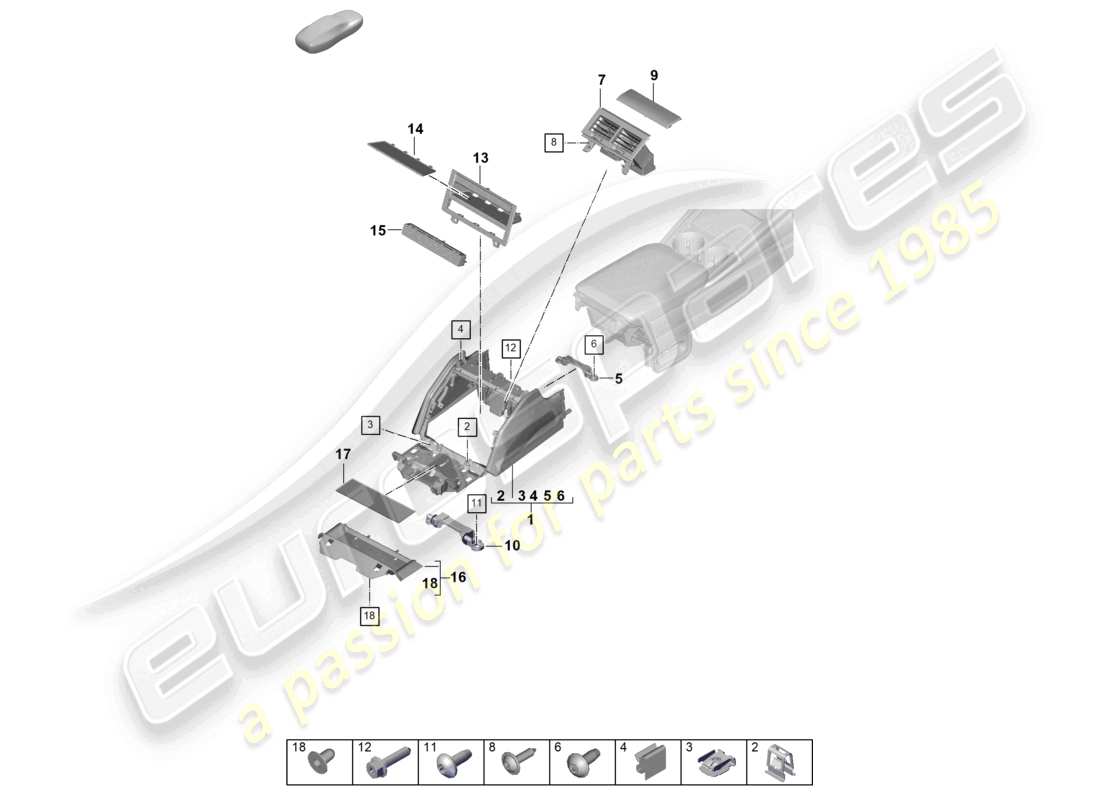 porsche 2024 (panamera 976) diagrama de piezas de la consola central trasera