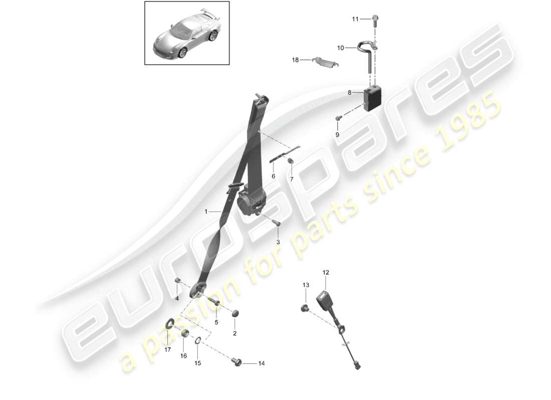 porsche 2021 (991-2 r/gt3/rs) esquema de piezas del cinturón de seguridad de tres puntos delantero