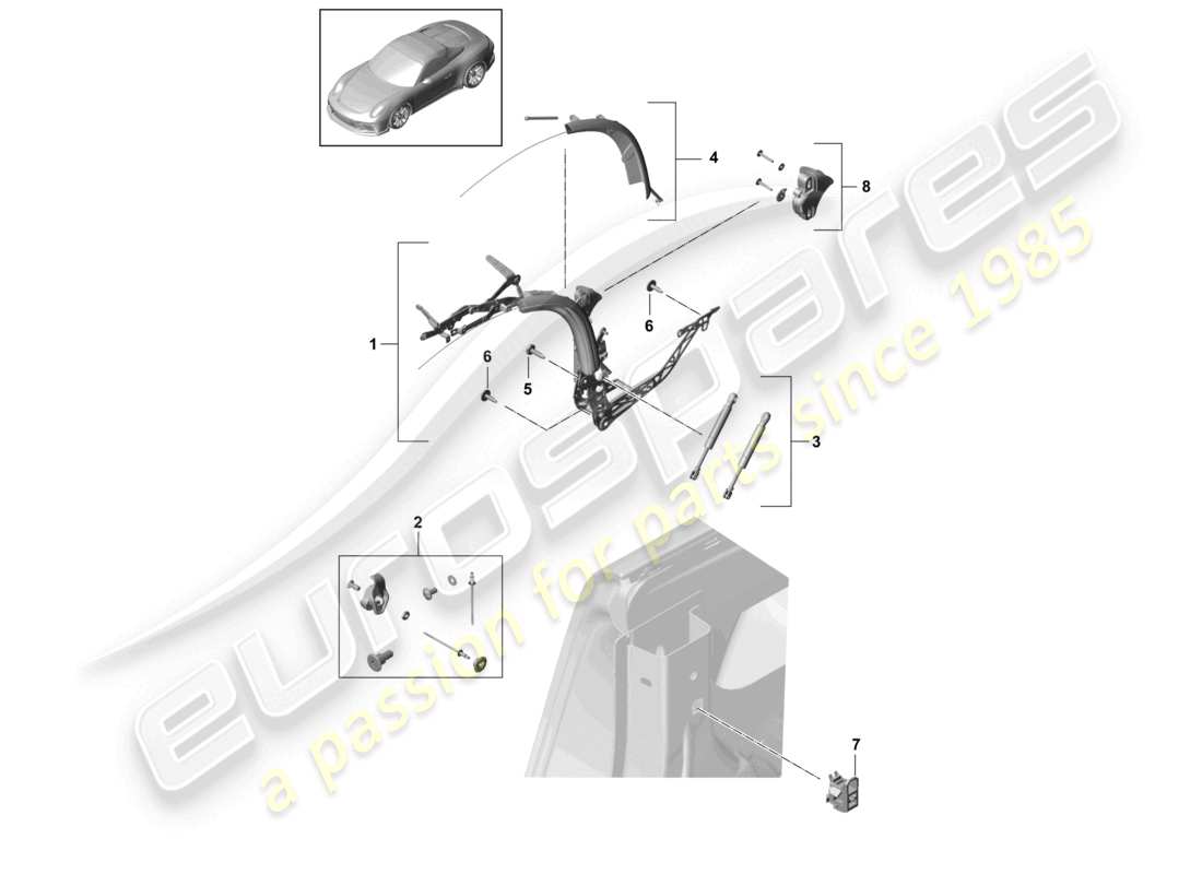 porsche 2021 (991-2 r/gt3/rs) diagrama de piezas del lado del marco superior