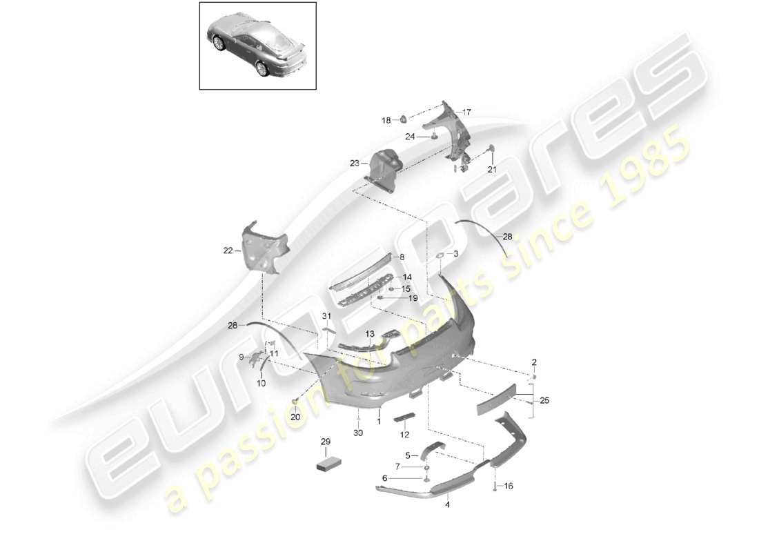 porsche 2021 (991-2 r/gt3/rs) diagrama de pieza del parachoques trasero