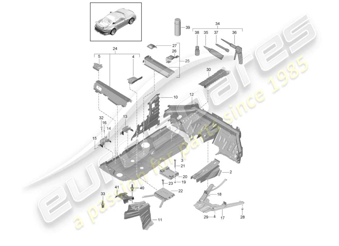 porsche 2021 (991-2 r/gt3/rs) diagrama de piezas del centro de la placa inferior