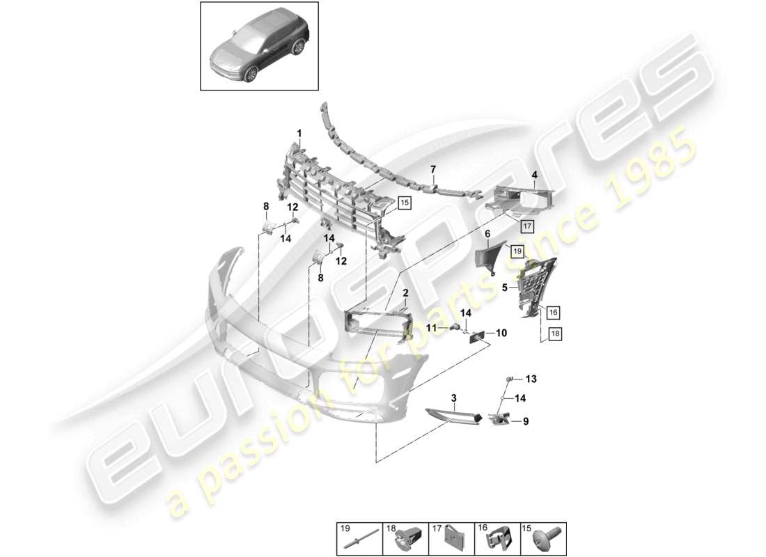 porsche 2023 (cayenne e3 9ya/9yb) parachoques delantero piezas individuales efecto carbono y fijaciones paquete sport design diagrama de piezas