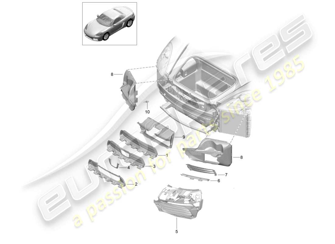 porsche 2023 (718 boxster) diagrama de piezas del parachoques delantero con guía de aire