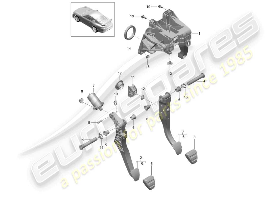 porsche 2021 (991-2 r/gt3/rs) freno y aceleración. palanca mecanica. diagrama de piezas