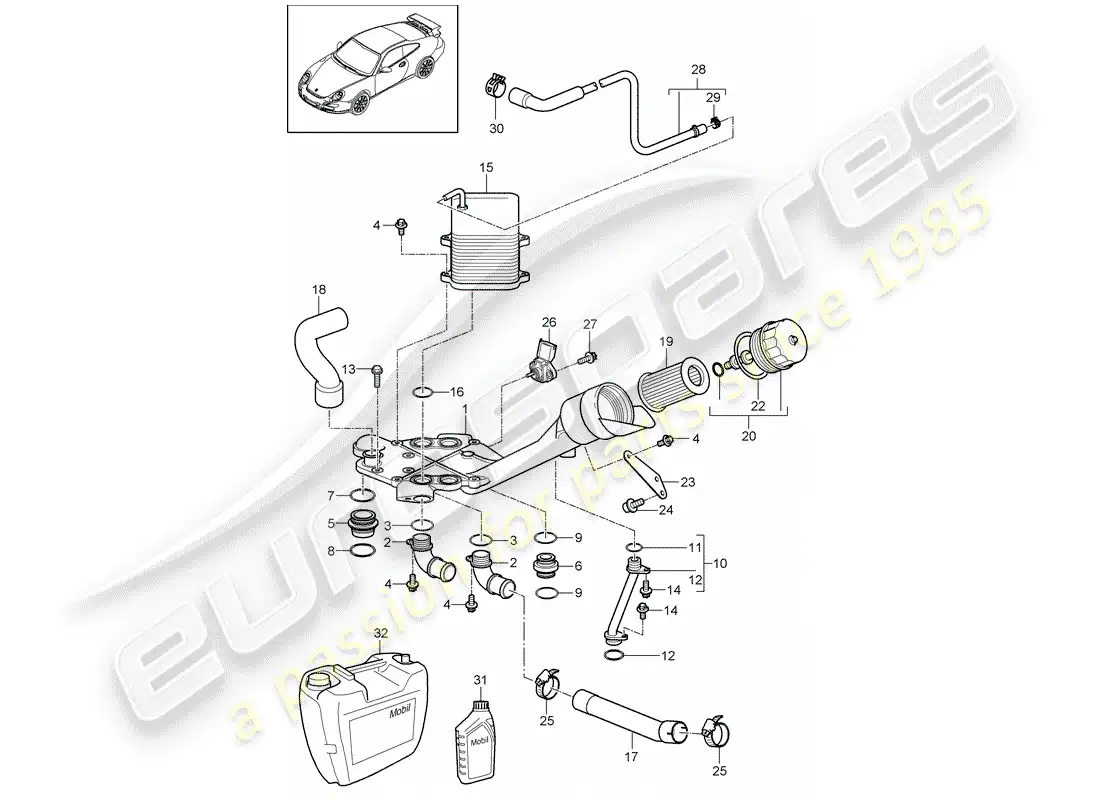 porsche 2011 (997-2 gt3) filtro de aceite diagrama de piezas