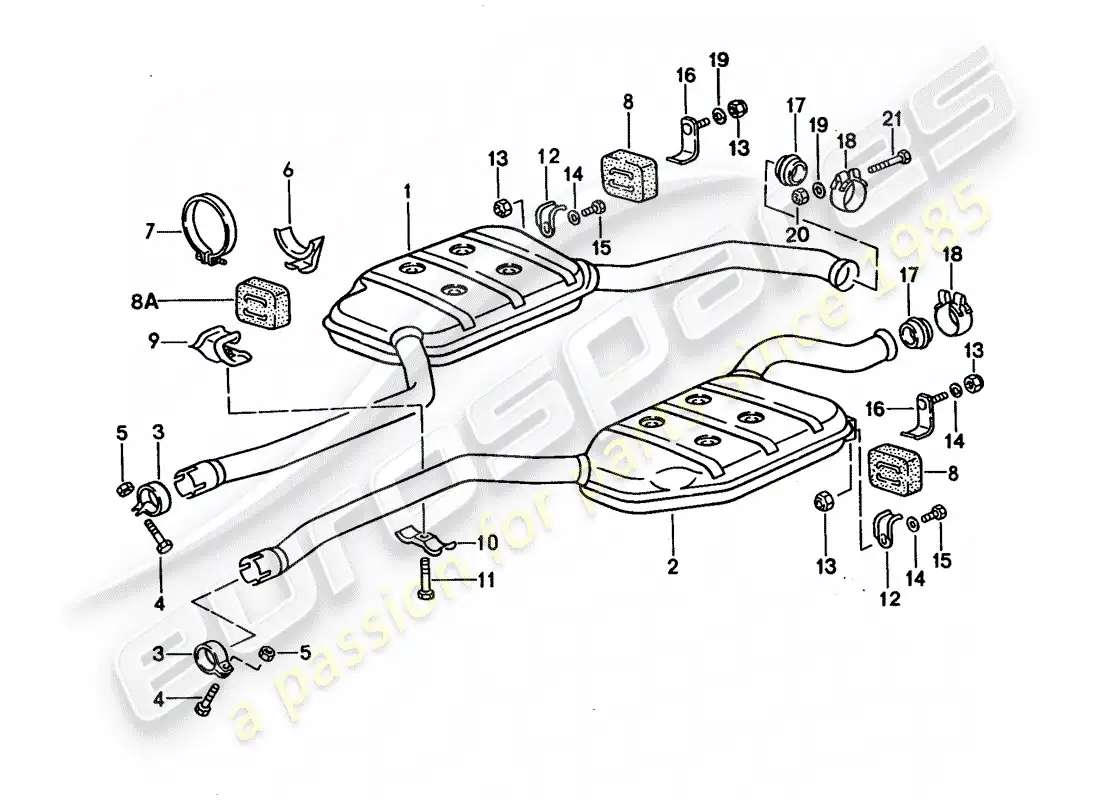 porsche 1992 (928) sistema de escape - silenciador intermedio diagrama de piezas