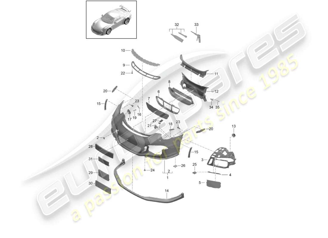 porsche 2021 (991-2 r/gt3/rs) diagrama de piezas del alerón delantero del parachoques