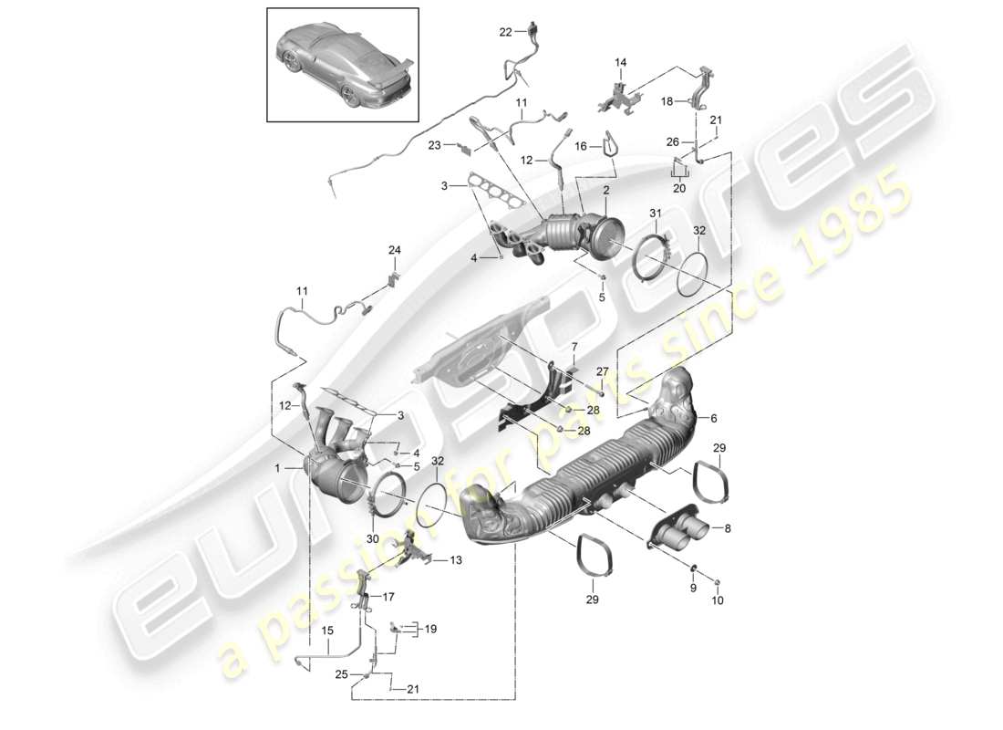 porsche 2021 (991-2 r/gt3/rs) sistema de escape gt3 rs para vehículos con filtro de partículas de gasolina speedster diagrama de piezas