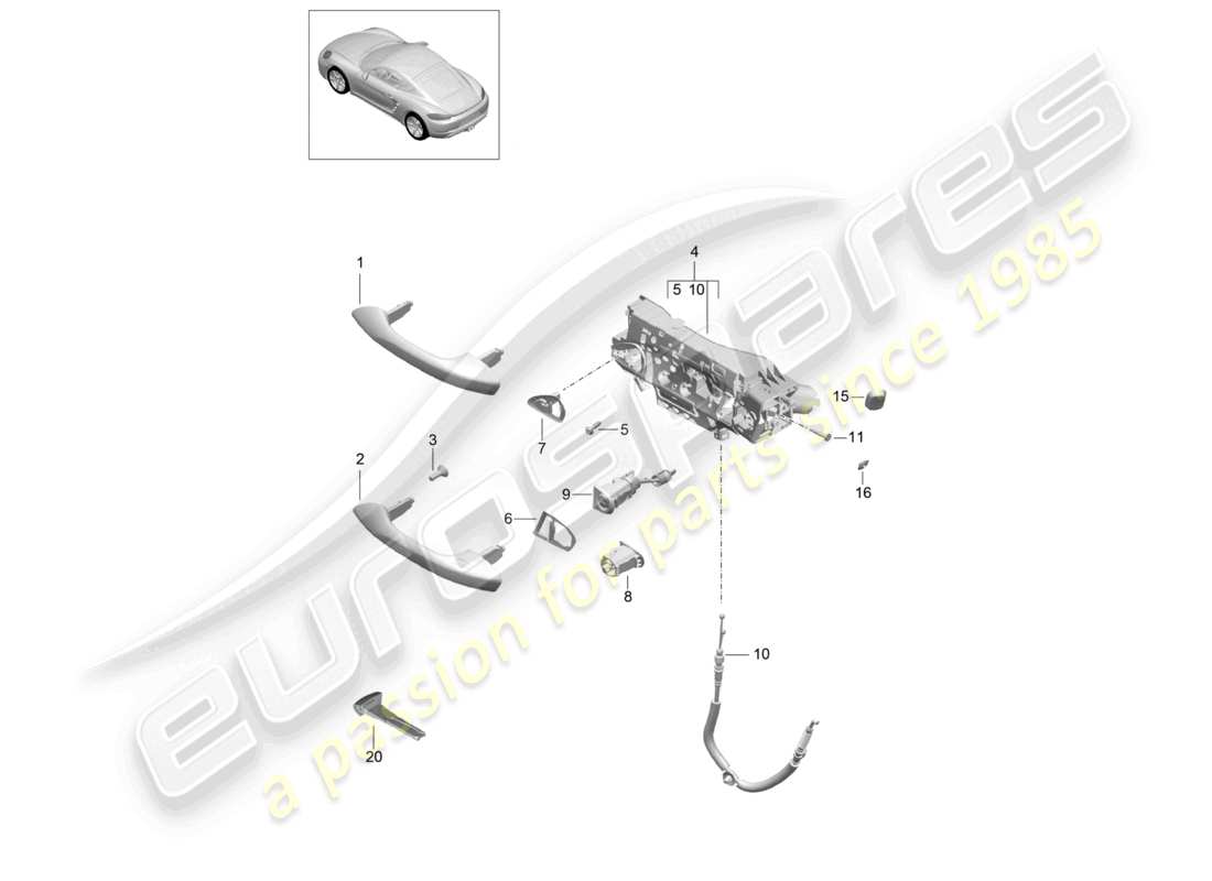 porsche 2021 (718 cayman) diagrama de piezas de la manija de la puerta exterior