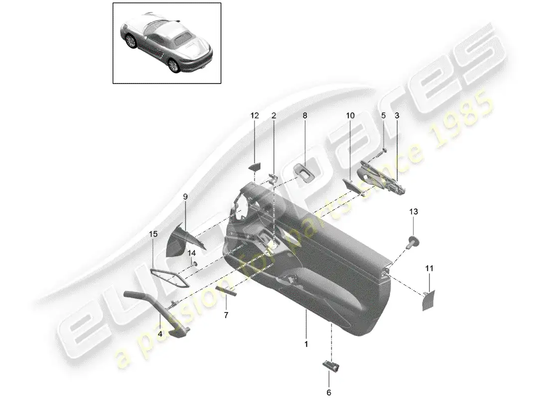 porsche 2017 (718 boxster) revestimiento de las puertas diagrama de piezas