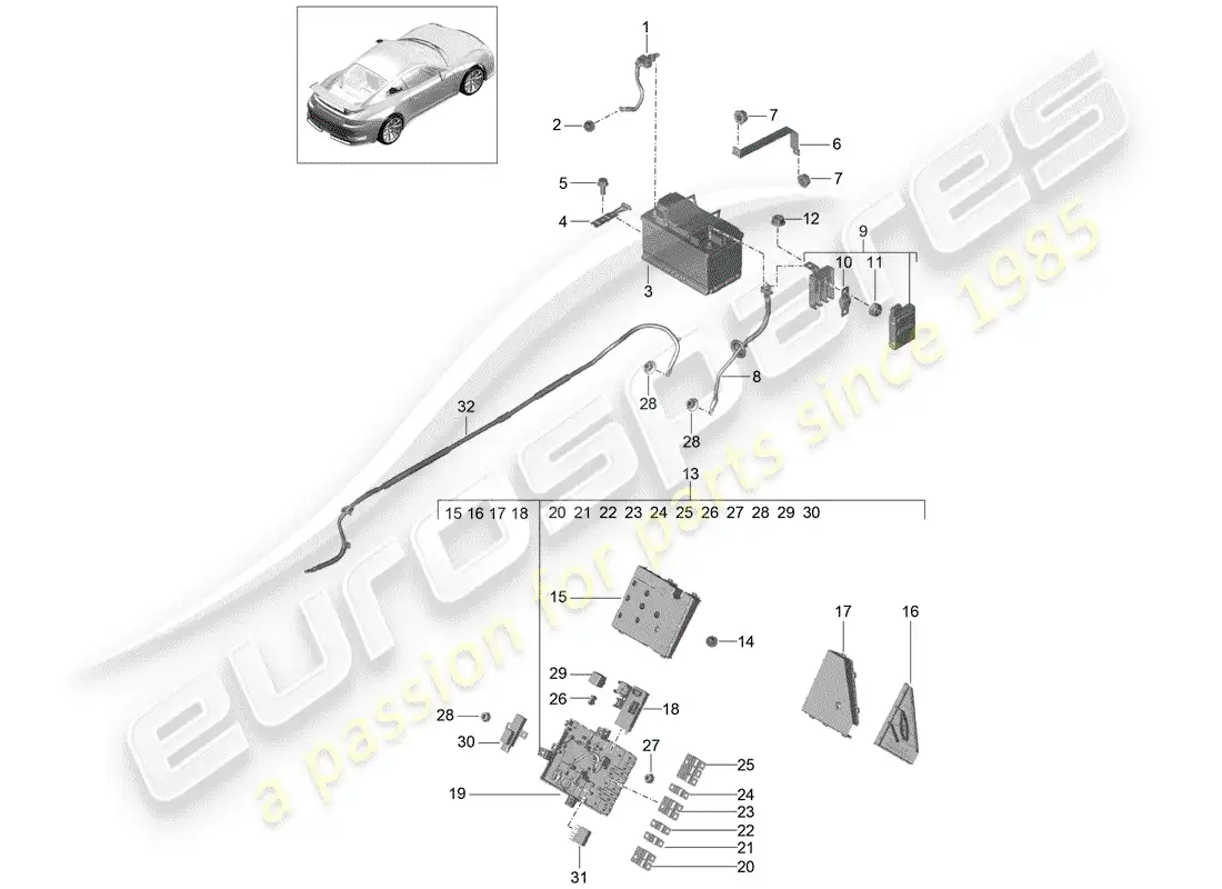 porsche 2018 (991-2 r/gt3/rs) batería diagrama de piezas