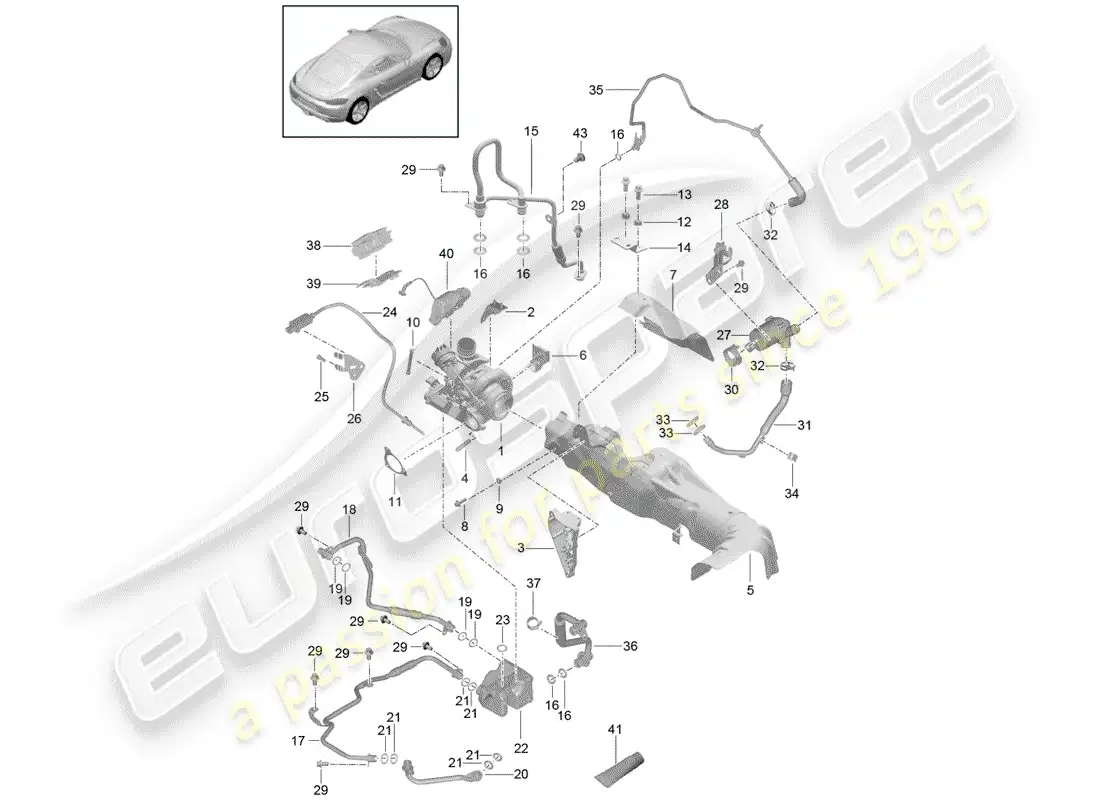 porsche 2018 (718 cayman) turbocompresor de gases de escape diagrama de piezas