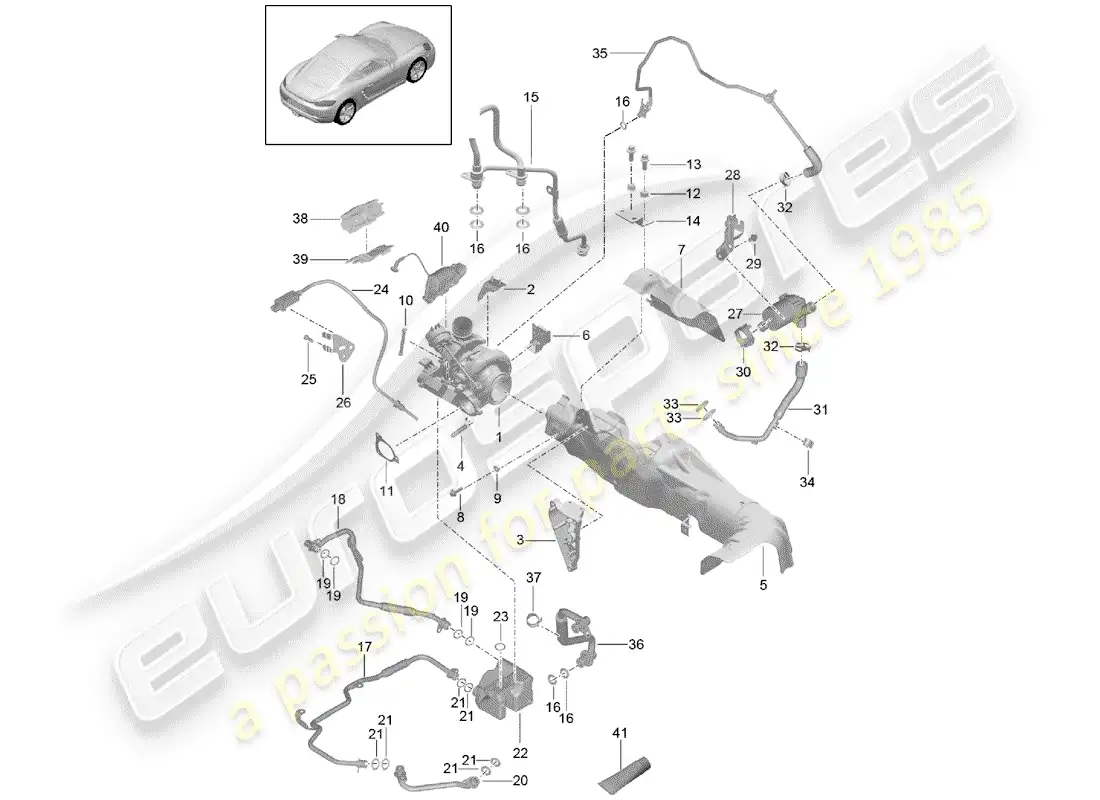 porsche 2020 (718 cayman) turbocompresor de gases de escape diagrama de piezas