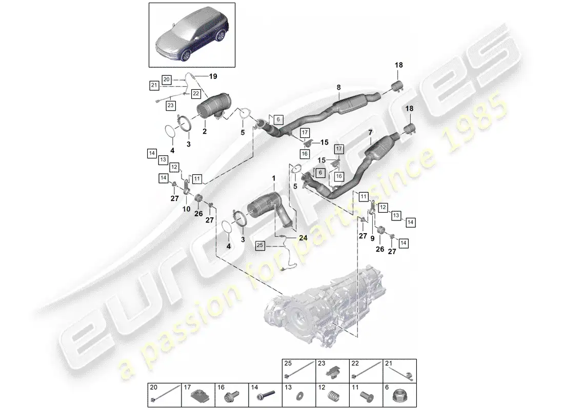 porsche 2020 (cayenne e3 9ya/9yb) sistema de escape diagrama de piezas