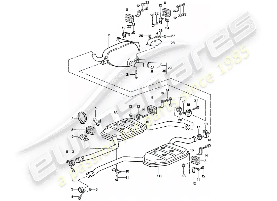 porsche 1985 (928) sistema de escape - silenciador - escape diagrama de piezas