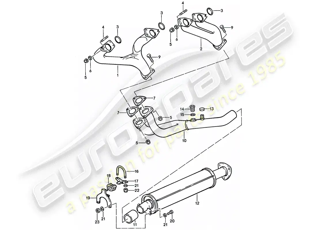 porsche 1988 (944) sistema de escape - silenciador de escape, delantero diagrama de piezas