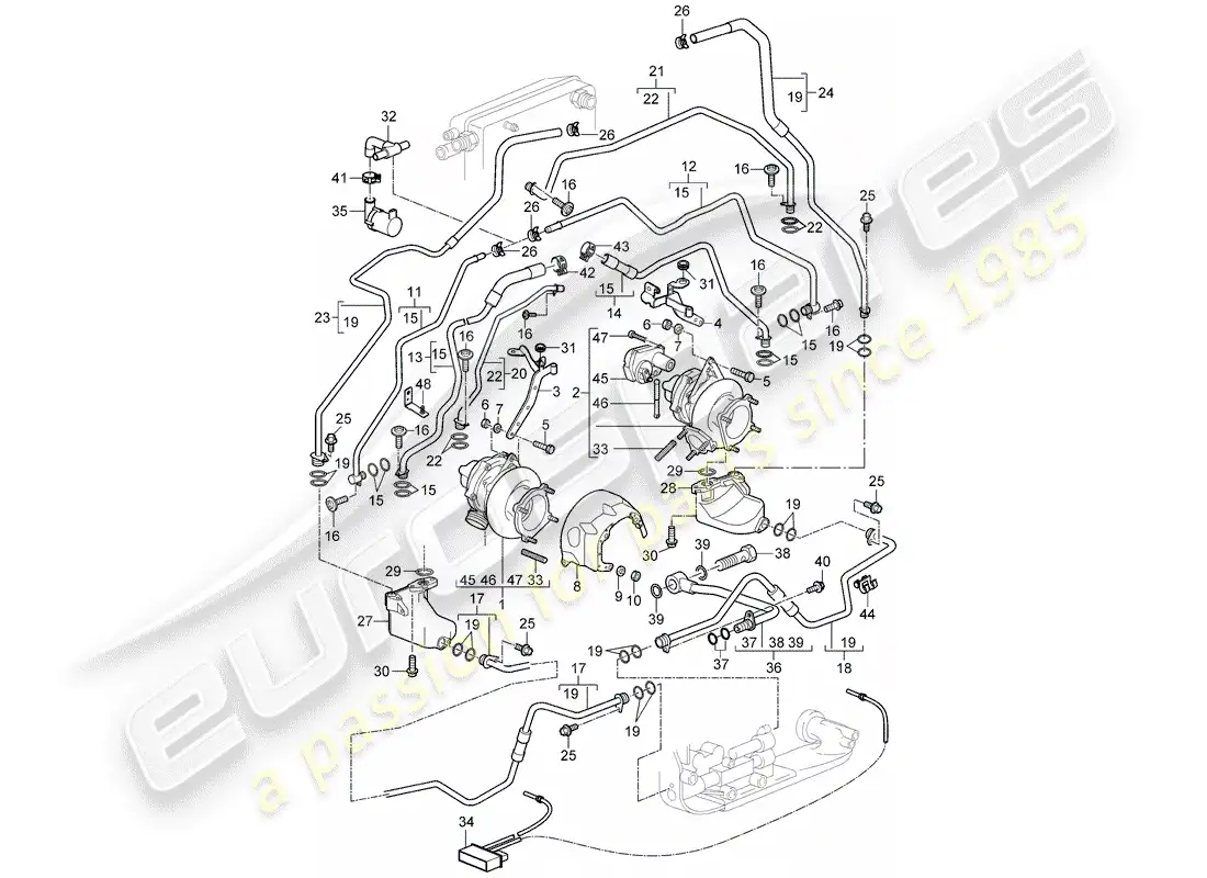 porsche 2008 (997-1 turbo / gt2) diagrama de piezas del turbocompresor de gas de escape