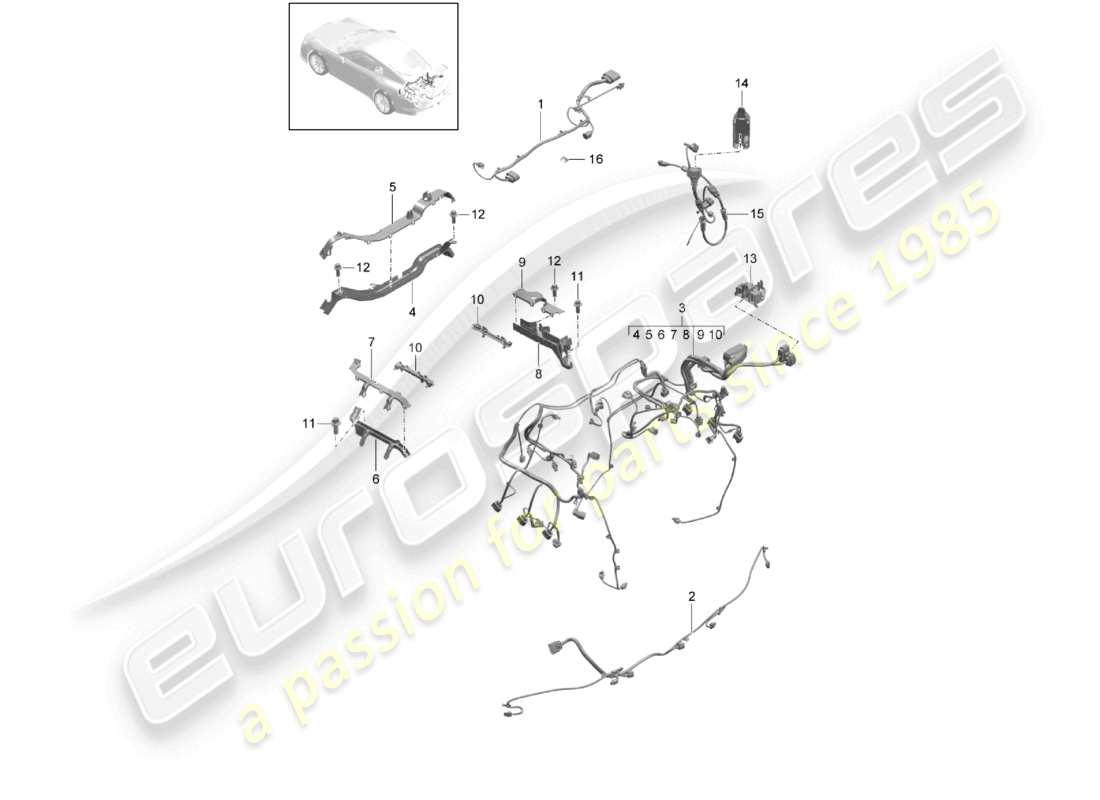 porsche 2021 (991-2 r/gt3/rs) cableado trasero marco de montaje luz de freno adicional recorte motor eje trasero diagrama de piezas