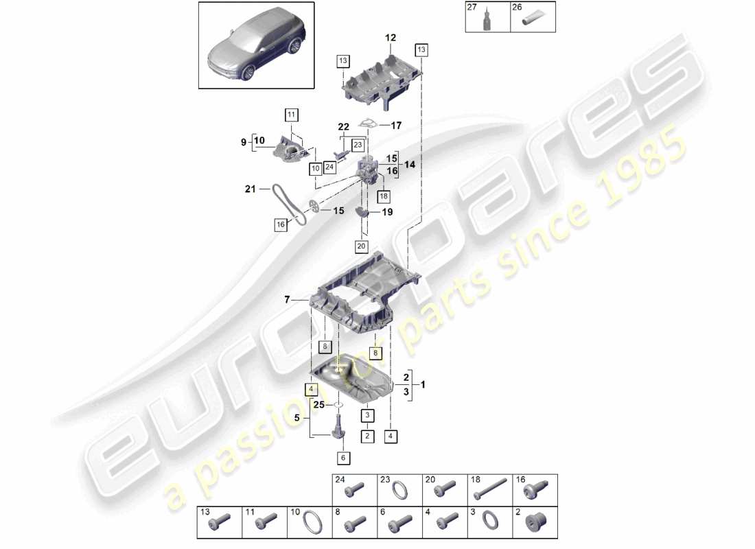 porsche 2024 (cayenne e3 9ya/9yb) diagrama de piezas del cárter de aceite de la bomba de aceite de la carcasa conductora de aceite