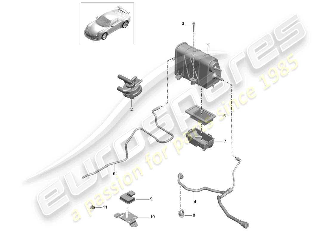 porsche 2021 (991-2 r/gt3/rs) diagrama de piezas del recipiente de carbón activado