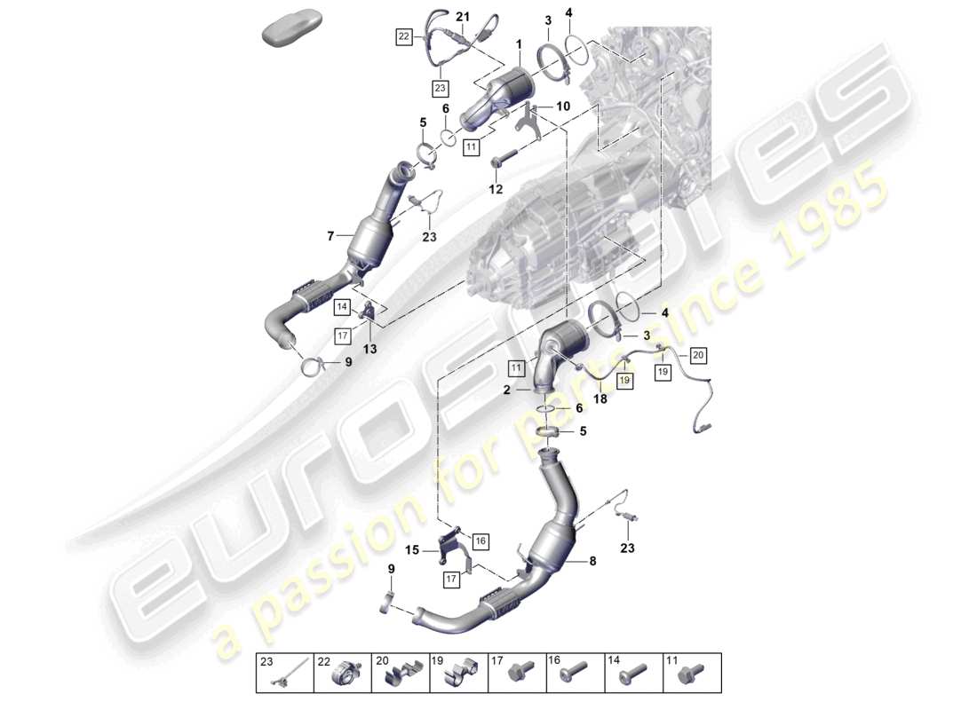 porsche 2024 (panamera 976) sistema de escape convertidor catalítico filtro de partículas de gasolina sonda lambda diagrama de piezas