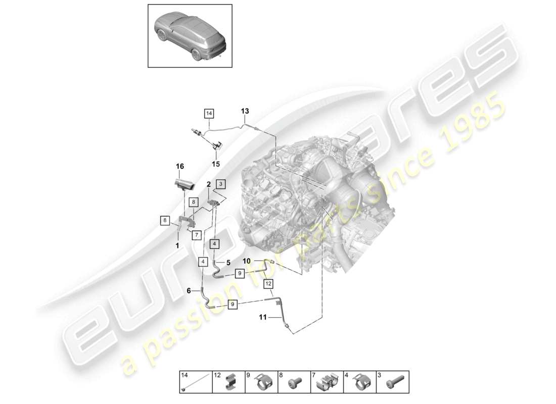 porsche 2023 (cayenne e3 9ya/9yb) línea de control con sensor de diferencia de presión sensor de temperatura de los gases de escape diagrama de piezas