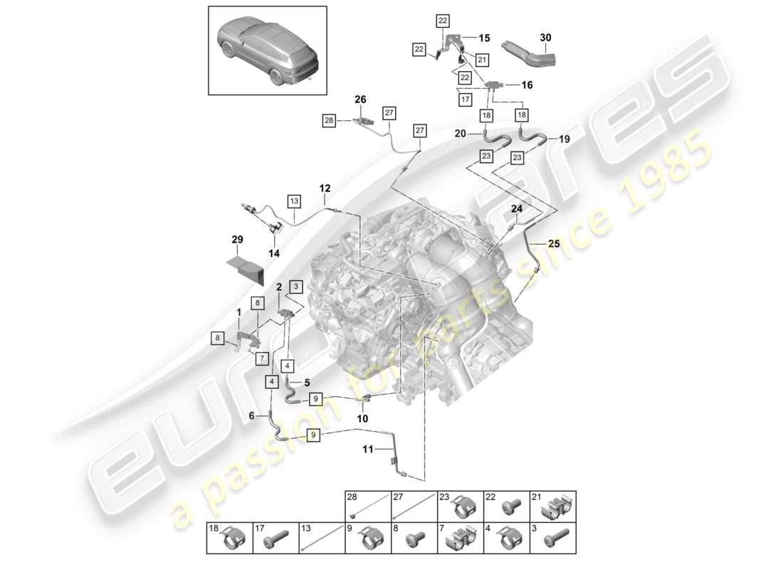 porsche 2024 (cayenne e3 9ya/9yb) línea de control con sensor de diferencia de presión sensor de temperatura de los gases de escape diagrama de piezas