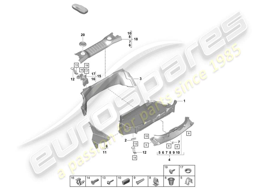 porsche 2021 (718 cayman gt4) revestimiento del maletero trasero diagrama de piezas