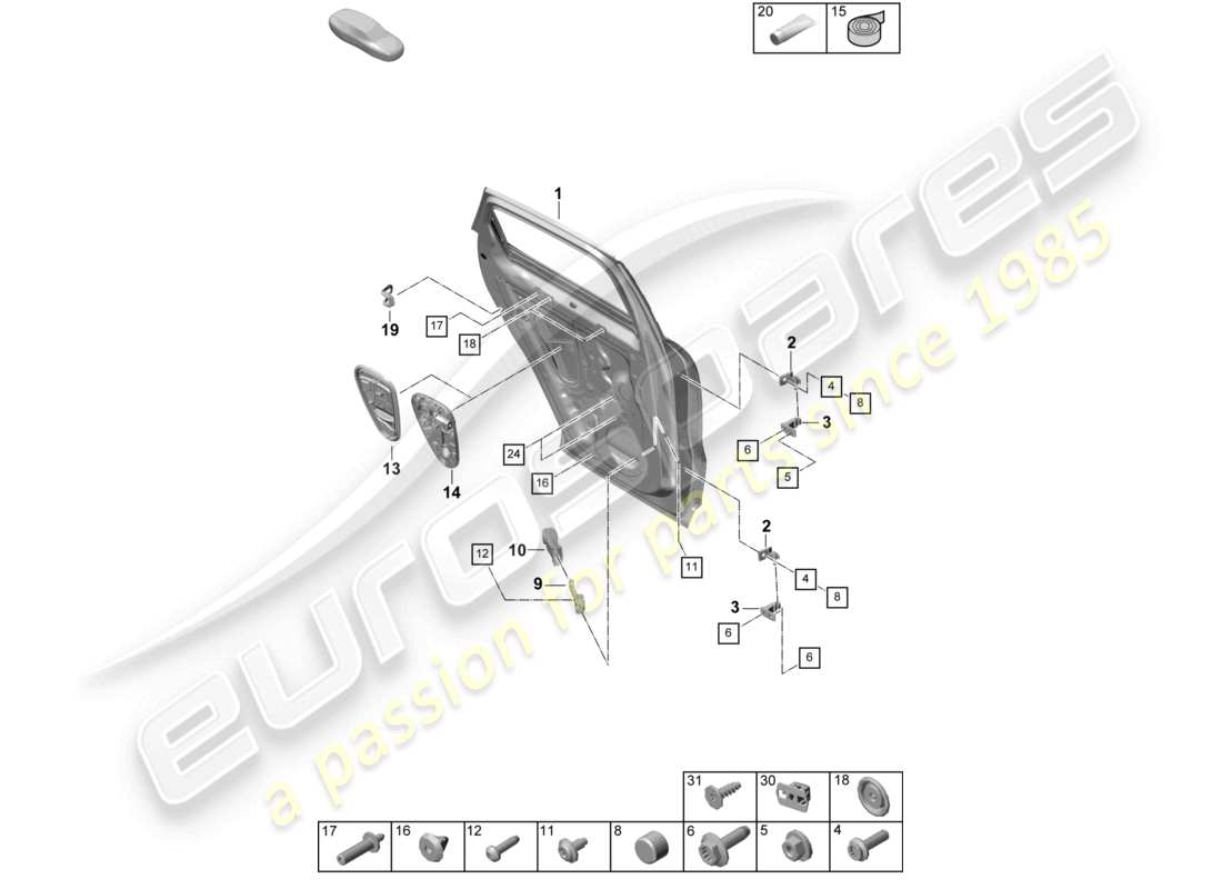 porsche 2025 (cayenne e3 pa) diagrama de piezas de accesorios de la carcasa de la puerta trasera