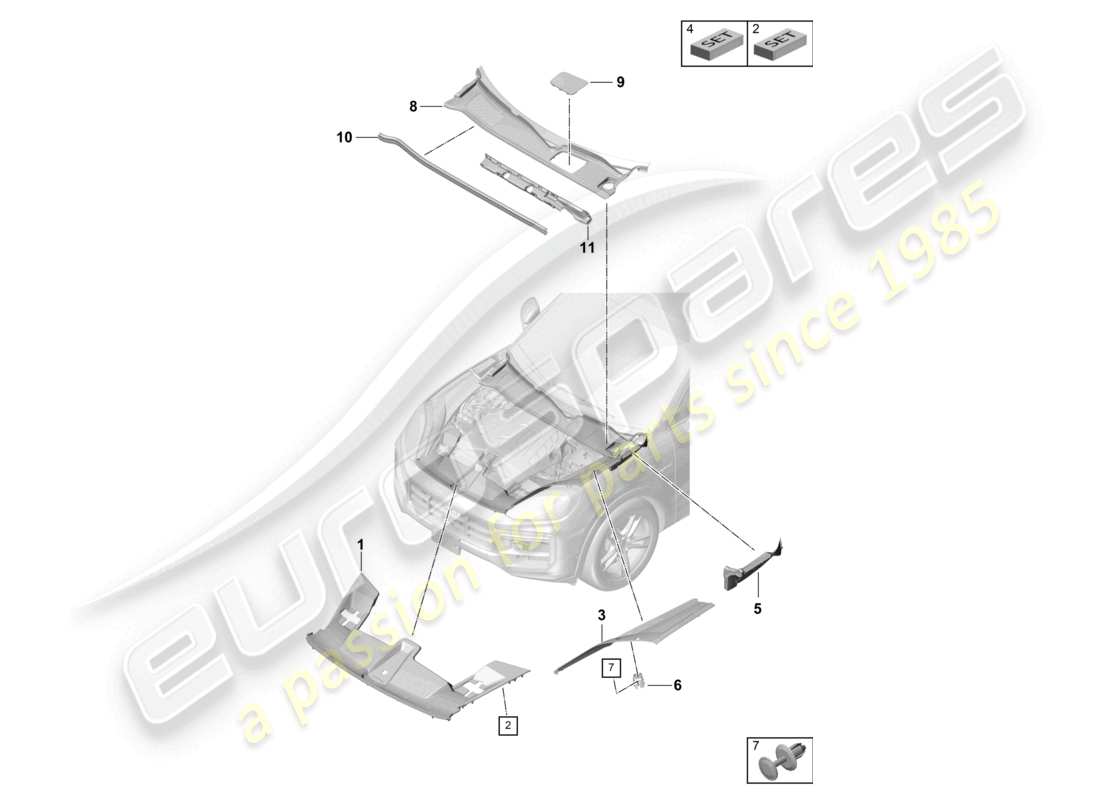 porsche 2024 (cayenne e3 pa) diagrama de piezas del panel de cubierta del compartimento del motor del extremo delantero