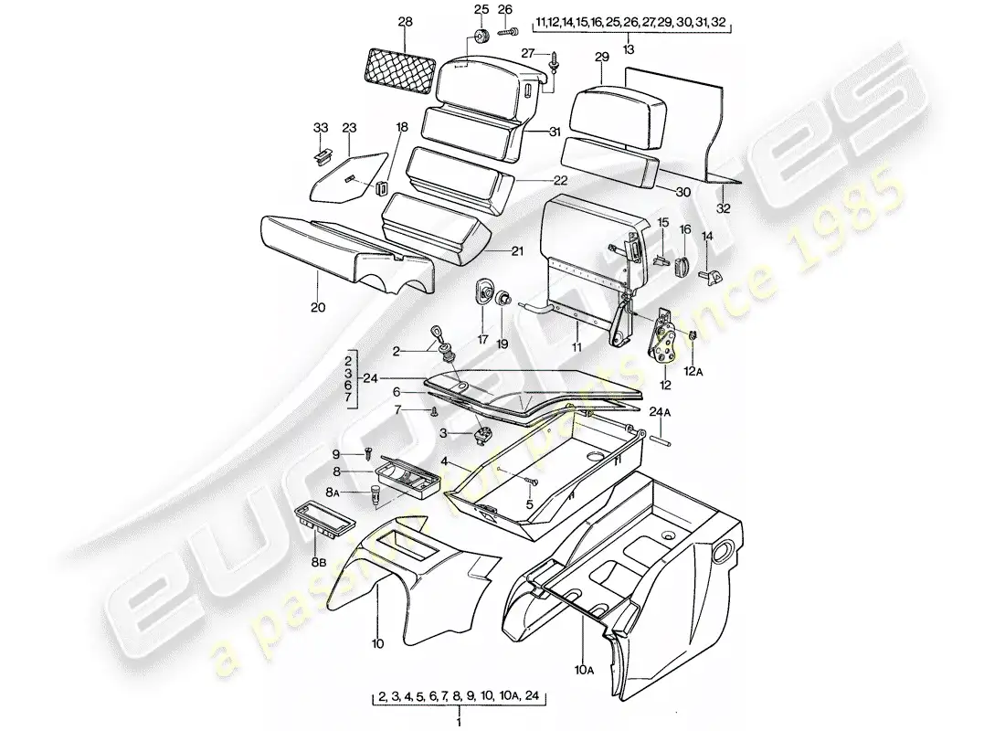 porsche 1981 (928) asiento de emergencia - con: - caja de almacenaje diagrama de piezas