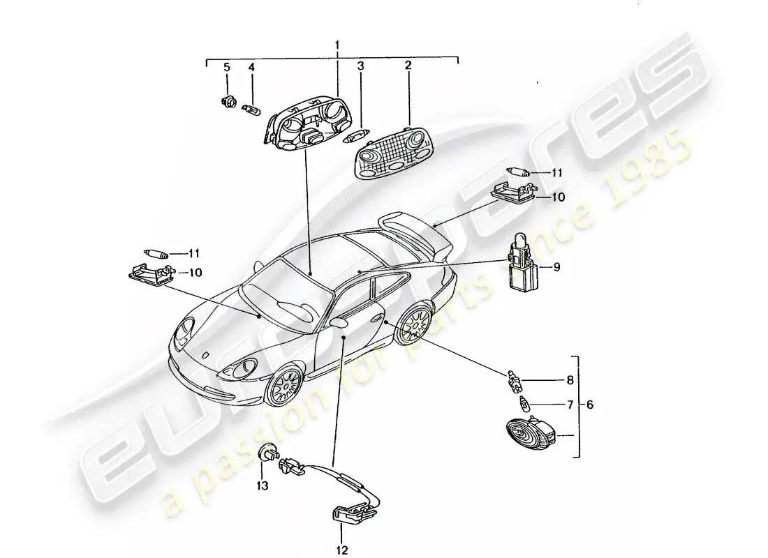 porsche 2002 (996 gt3) luz interior - luz del maletero - luz del maletero - luz de la guantera - iluminación del manija de la puerta - apertura interior diagrama de piezas