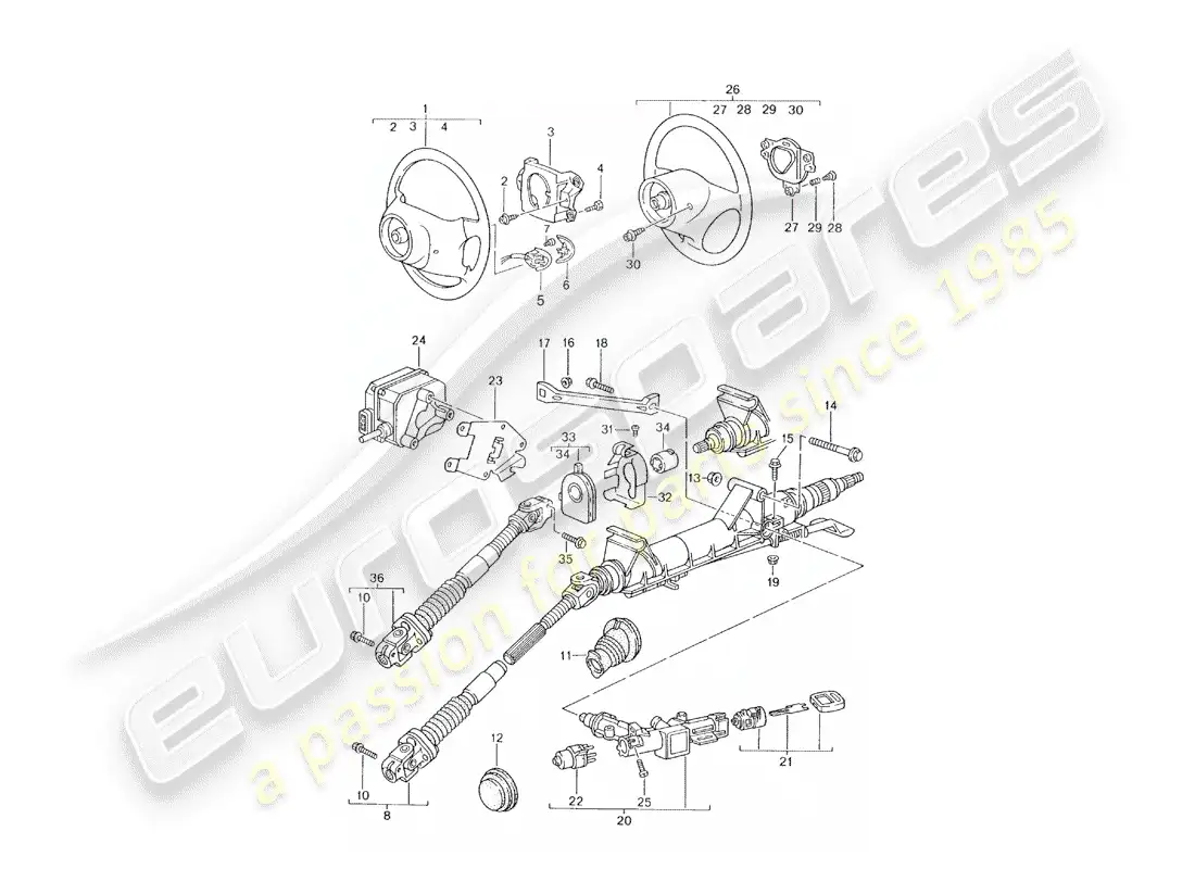 porsche 1998 (996) tubo protector de dirección - eje de dirección intermedio - volante diagrama de piezas